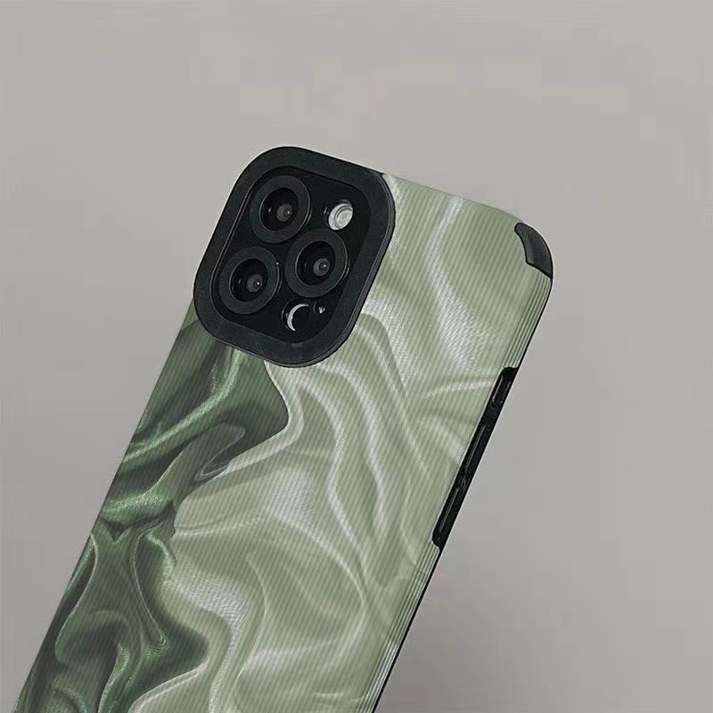 【Lamb Skin】Leather Soft Case IP IPhone 7 8 14 Plus 7+ 8+ X XR SE 2020 XS Max 11 12 13 14 Pro Max Phone Case Pretty Green Oil Painting Wave