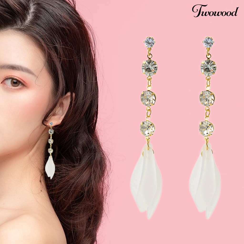 Twowood 1pasang Menjuntai Anting Jumbai Panjang Splicing Frosted Liontin Elegan Berkilau Berlian Imitasi Wanita Stud Earrings Fashion Perhiasan