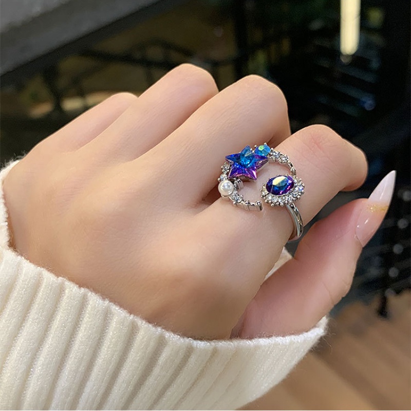 Fashion Cincin Jari Batu Biru Bulan Bintang/Cincin Terbuka Adjustable Matahari Elegan Perhiasan Mewah Untuk Gadis