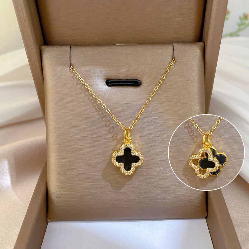 Kalung Titanium Asli Wanita Anti Karat Emas 18K Clover Aksesoris