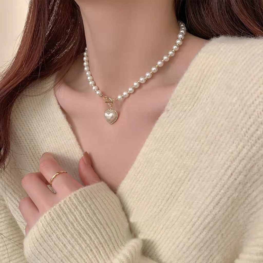 Korea Fashion Berlian Imitasi Bertatahkan Imtasi Mutiara Cinta Hati Liontin Kalung Manik-Manik Elegan Perhiasan Untuk Wanita