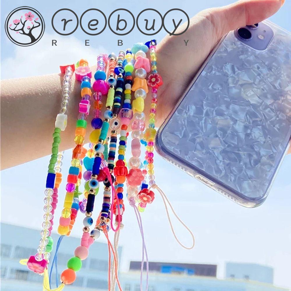 REBUY Fashion Phone Lanyard for Women Girls Acrylic Beads Mobile Phone Chain Cellphone Strap Colorful Jewelry Ins Trendy Hanging Cord Handmade Smiling Beads