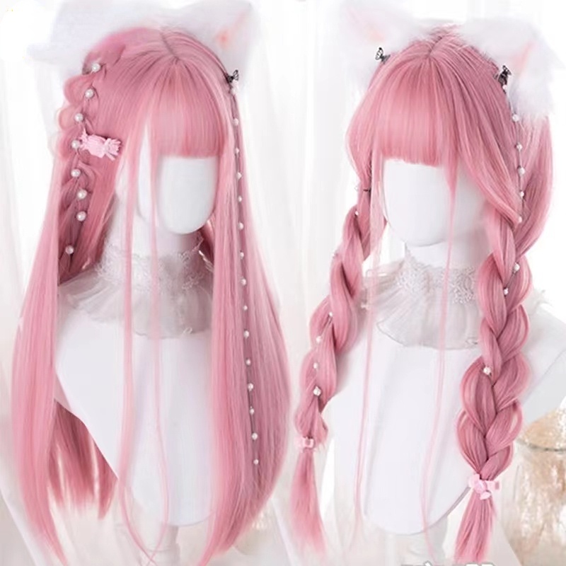 Pink Muda Lolita Panjang Lurus/Curly Rambut Palsu Sintetis Wanita Pria Kawaii Natural Halus Wig Wani