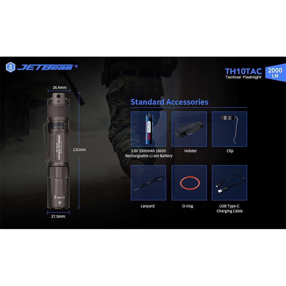 JETBeam Senter LED Tactical Flashlight CREE XHP35 HD 2000 Lumens - TH10TAC