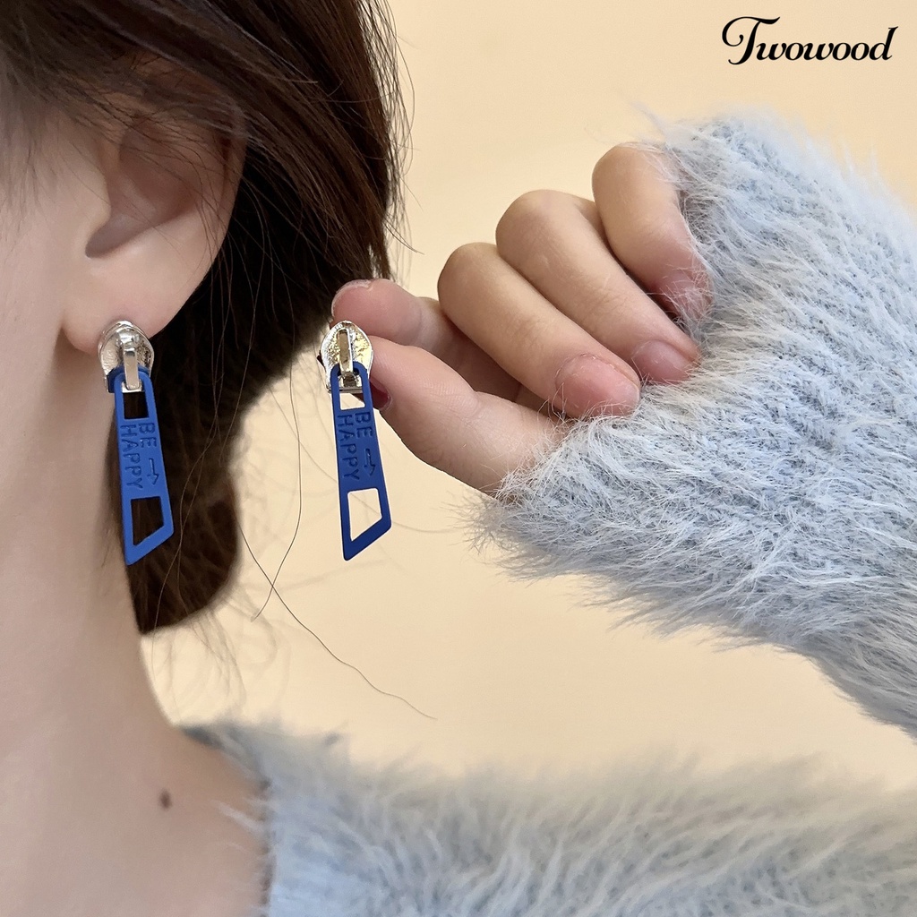 Twowood 1pasang Menjuntai Anting Lucu Vintage Warna Cerah Eye-catching Pengerjaan Halus Berdandan Hypoallergenic Kepribadian Ritsleting Stud Earrings Perhiasan Aksesoris