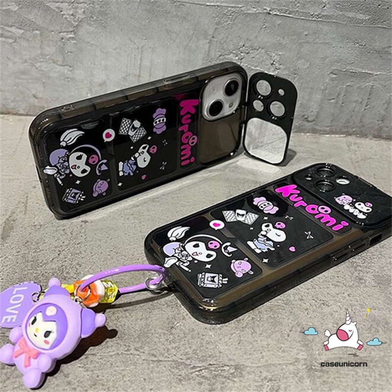 IPHONE Kartun Indah Kuromi Casing Ponsel Kompatibel Untuk Iphone11 12 13 14 Pro MAX XR 7 8 14 Plus X XS MAX SE Lucu Kreatif Flip Make Up Cermin Lembut TPU Silicon Shockproof Case