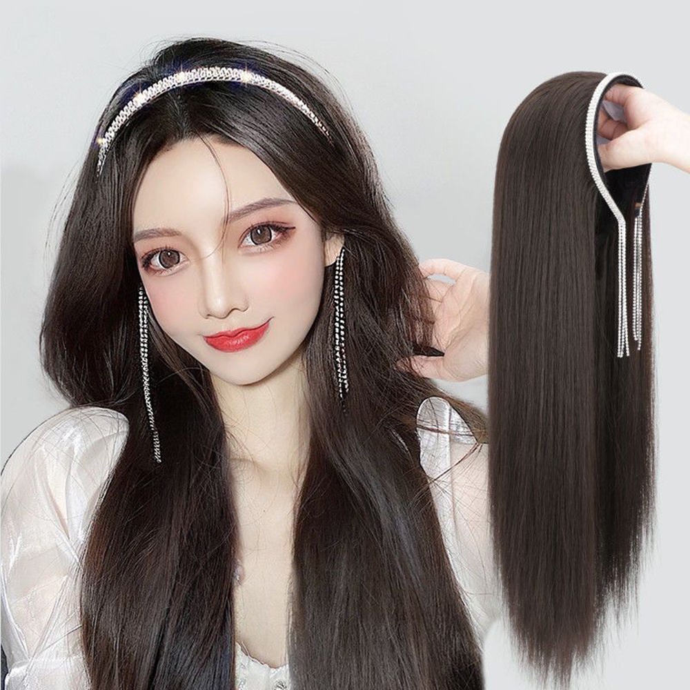Wig Wanita Panjang Dengan Berlian Imitasi Rumbai Bando Setengah Kepala Penutup Rambut Accessoreis 65cm