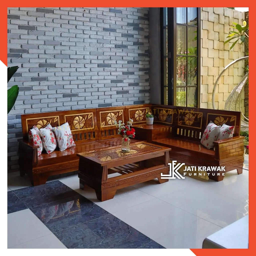 Set kursi tamu jati sudut ukiran - Meja tamu sudut L piramid kelopak