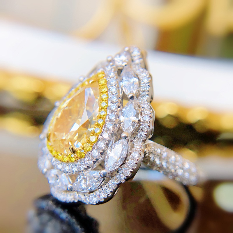 Goldkingdom Fashion Perhiasan Aksesoris Ready Stock Live Color Jewelry Grosir Baru Mewah Grup Set Dengan Asche Kuning Berlian Tetesan Air Pear Berbentuk Cincin Pembukaan