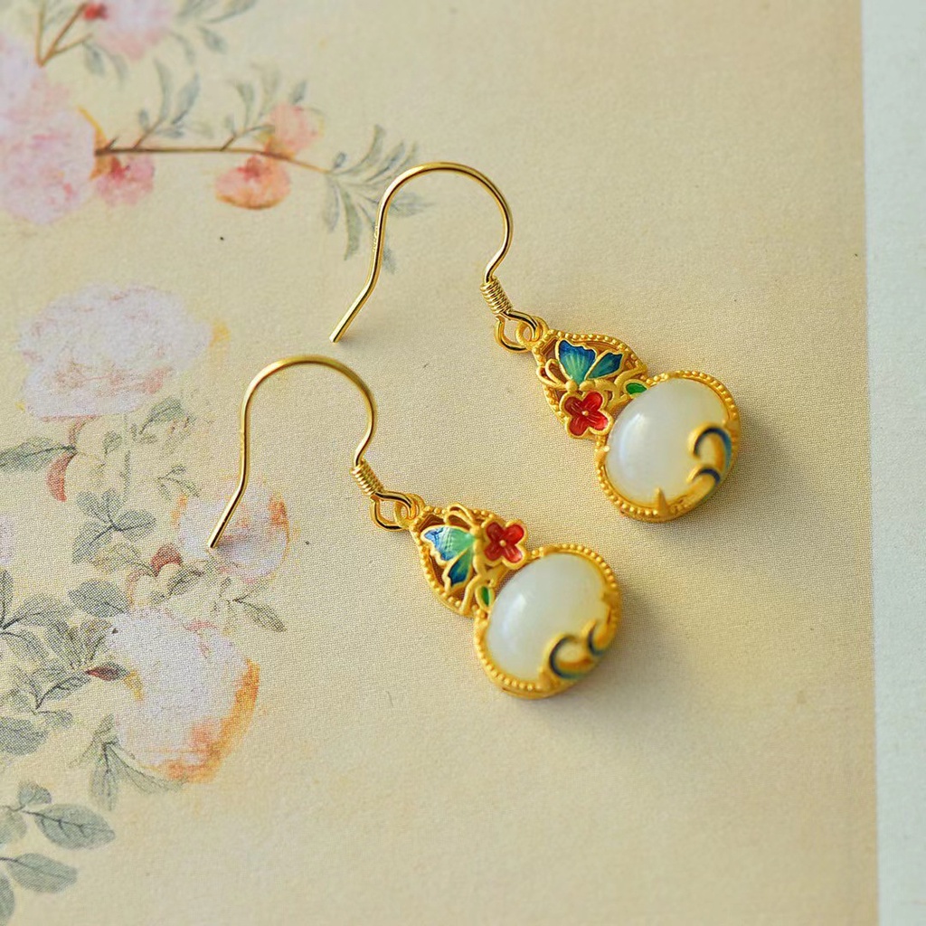 Goldkingdom Aksesoris Perhiasan Fashion Ready Stock Anting Giok, Anting Berbentuk Labu Klasik, Kecil Dan Halus, Anting Kait Telinga Berlapis Emas Asli Kadar 375, Gaya Antik Dengan Cheongsam