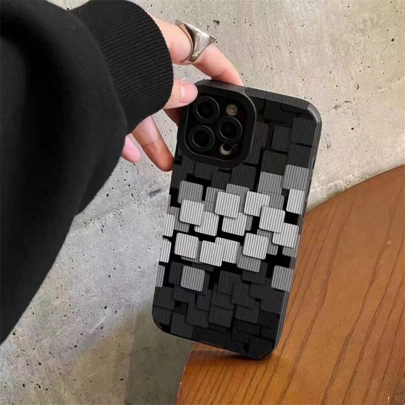 IPHONE [Kulit Domba] Soft Case Grid Hitam Dan Putih Stereoskopik Untuk Iphone7Plus8 Plus X XS XR XS Max 11 13 12 14 PRO Max 14 Plus Fashion Wanita Casing Ponsel Kamera Melindungi