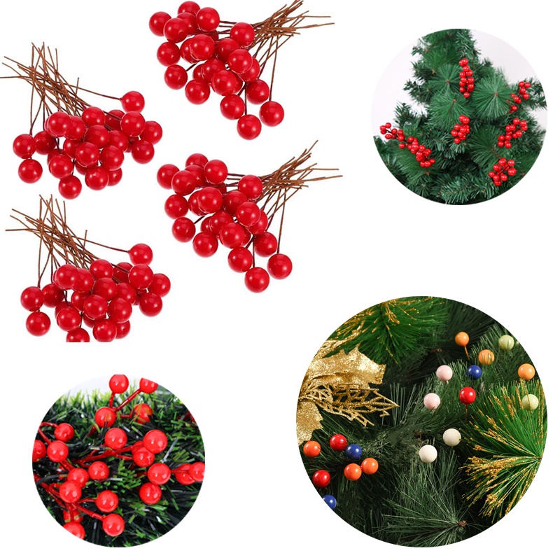 [Fiture] 1per5/14pertama Musim Semi Emulasi Berry/Merah Hijau Berry Artificial/Hiasan Pohon Natal Holly Buah/Hiasan Natal