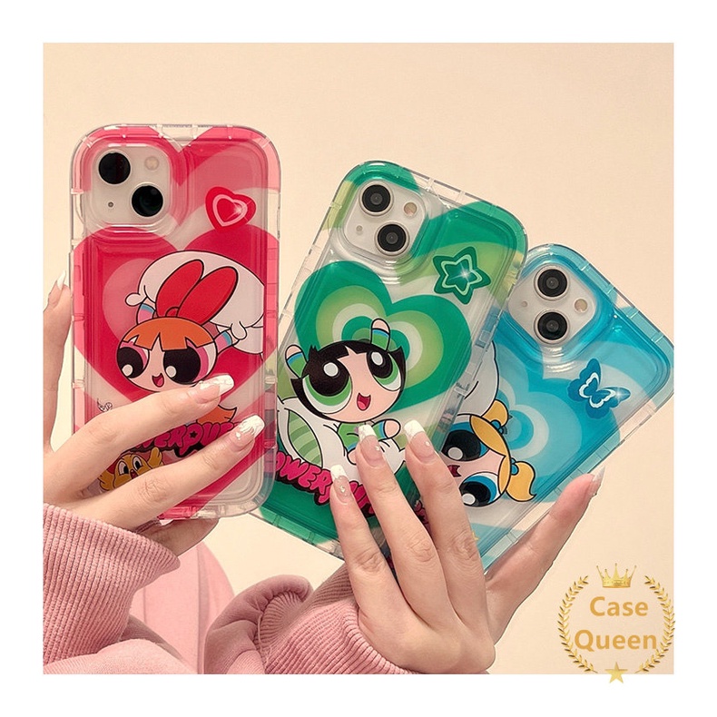 Sweet Love Heart Clear Shockproof AiRbag Case Kompatibel Untuk iPhone XR 11x XS Max14 7 13 8 12 Pro Max 6 6S Plus Kartun Lucu The Powerpuff Girls Soft TPU Back Cover