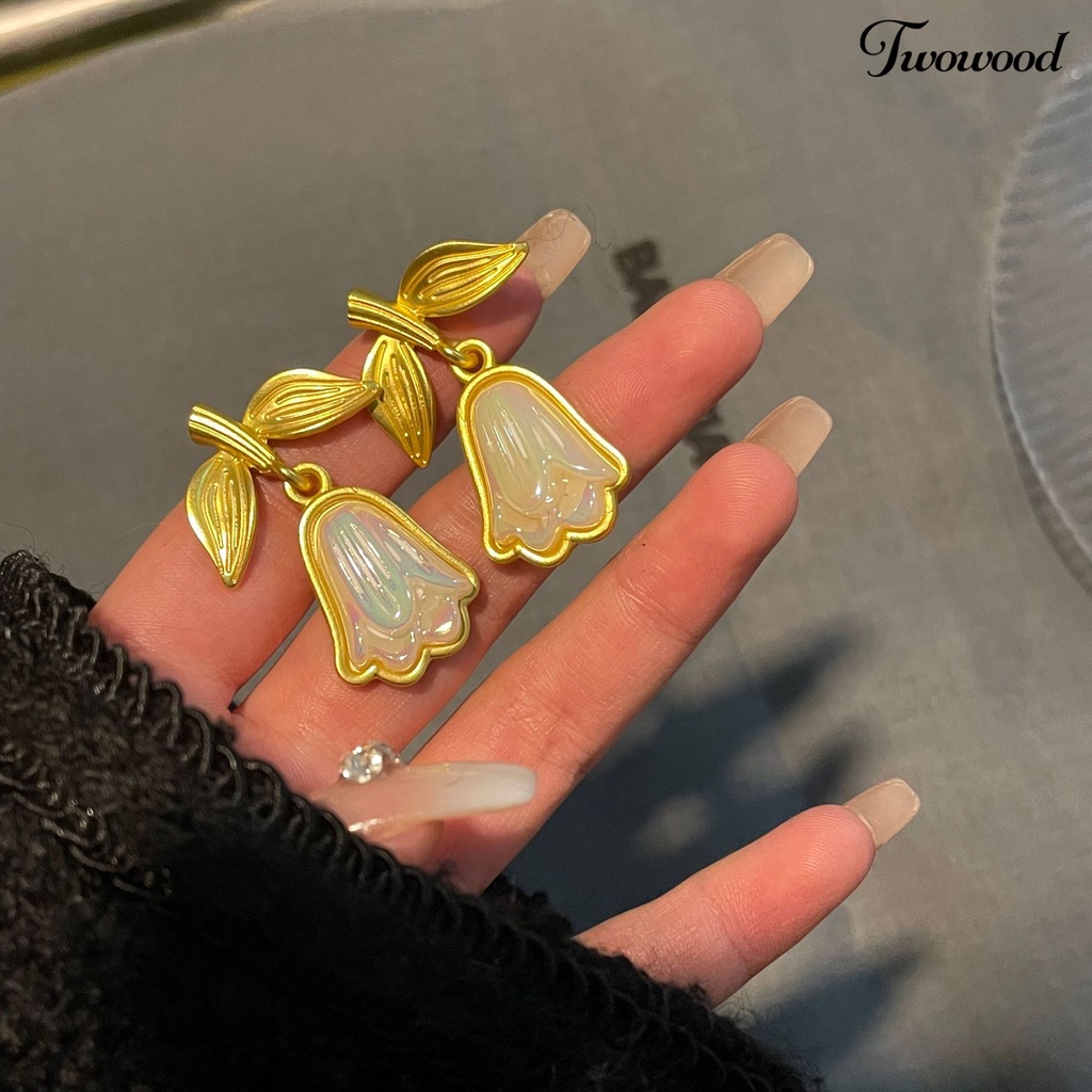 Twowood 1pasang Drop Earrings Golden Leaves Elegan Medieval Peri Bunga Wanita Stud Earrings Fashion Jewelry