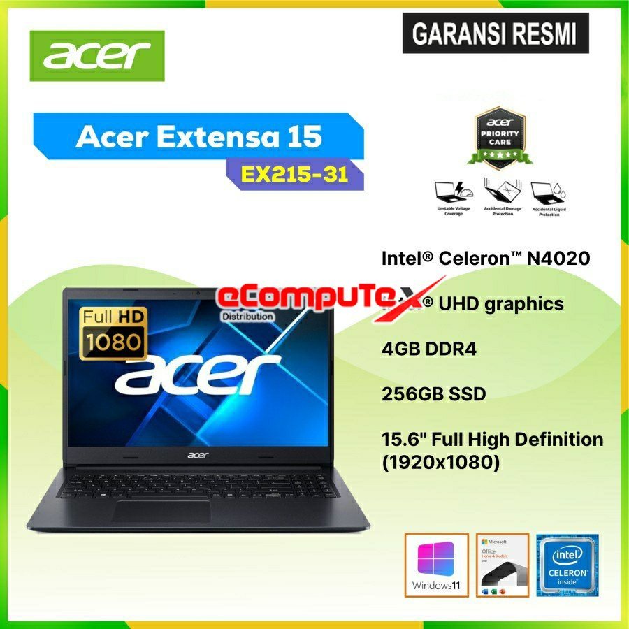 LAPTOP ACER EXTENSA 15 EX215-31 / EX 215-31 INTEL CELERON N4020 / RAM 4GB 256GB SSD 15.6&quot; INCH OHS+W11 GARANSI RESMI