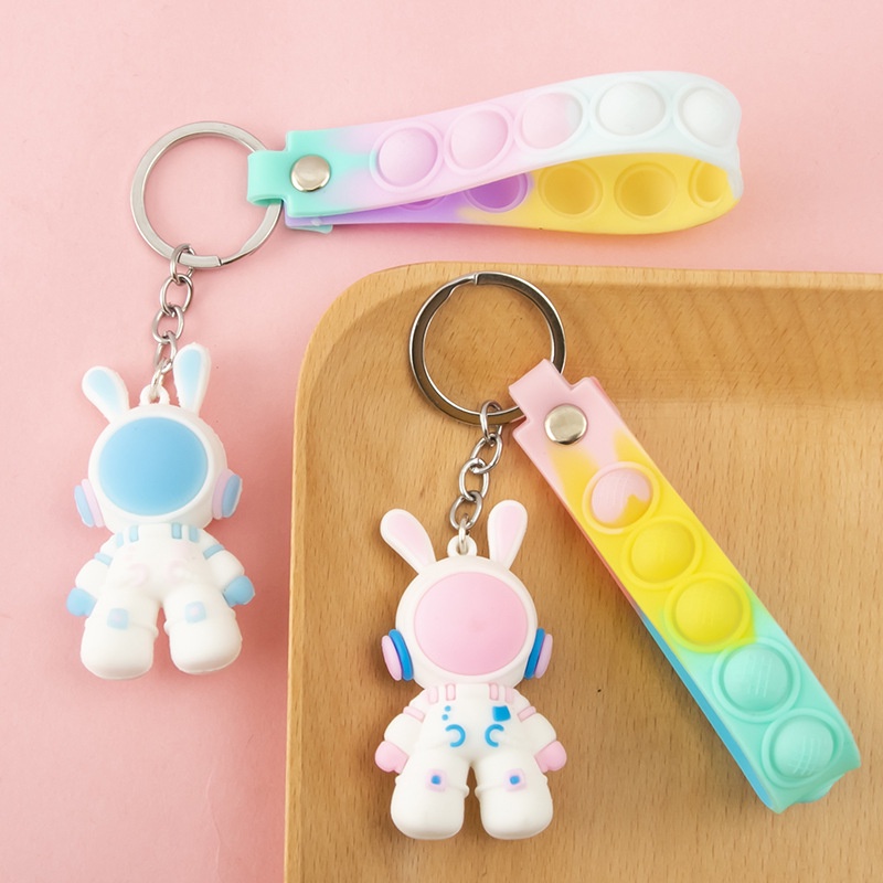 Astronot Bunny Keychain Pop Push Bubble Tali Kulit Keychain Tas Bahu Liontin Mainan Pendant