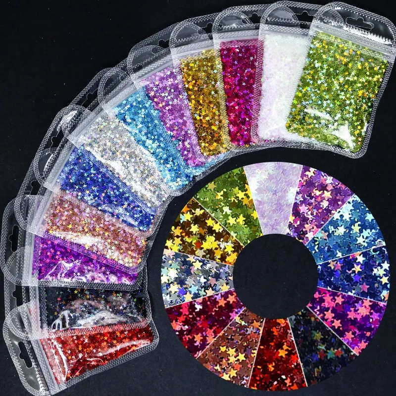 [Unggulan] Mode Laser Empat Sudut Bintang Glitter Nail Art Piece Ilusi Mutiara Salju Beludru Nail Art Bubuk DIY Nail Art Dekoratif Patch 3D Tidak Teratur Hexagonal Nail Art Payet