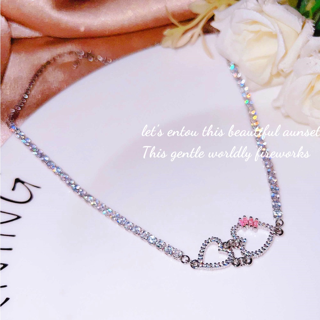 Goldkingdom Fashion Perhiasan Aksesoris Ready Stock Cahaya Desain Mewah Cinta Hati Anting Panjang Warna Premium Rasa Kerah Kalung T Square Pink Berlian Hati Perhiasan Set