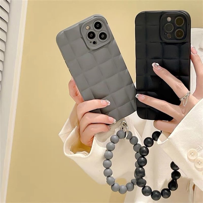 Casing Ponsel Lembut Motif Kotak-Kotak 3D Untuk iPhone 14 Pro Max13 12 11 Pro Max Xs Max Xr X Xs 7Plus 8Plus 6 6P Gelang Dengan Manik-Manik Casing Penutup Belakang