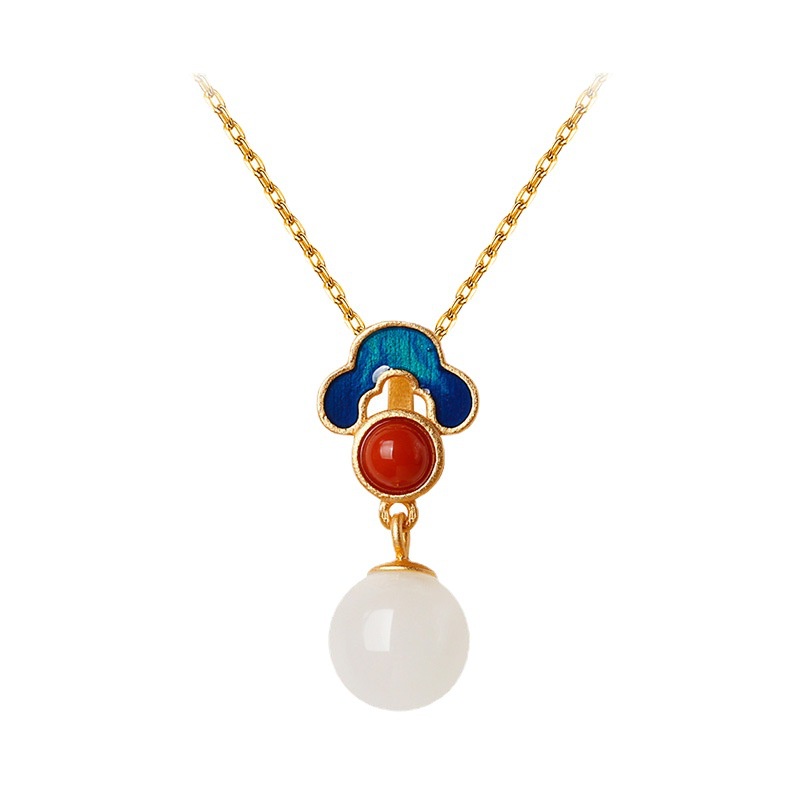 Goldkingdom Fashion Perhiasan Aksesoris Ready Stock Baru Asli Ginko Perancis Berlapis Emas Alami Hetian Giok Enamel Liontin Klavikula Perempuan Retro Gaya Cina Kalung.