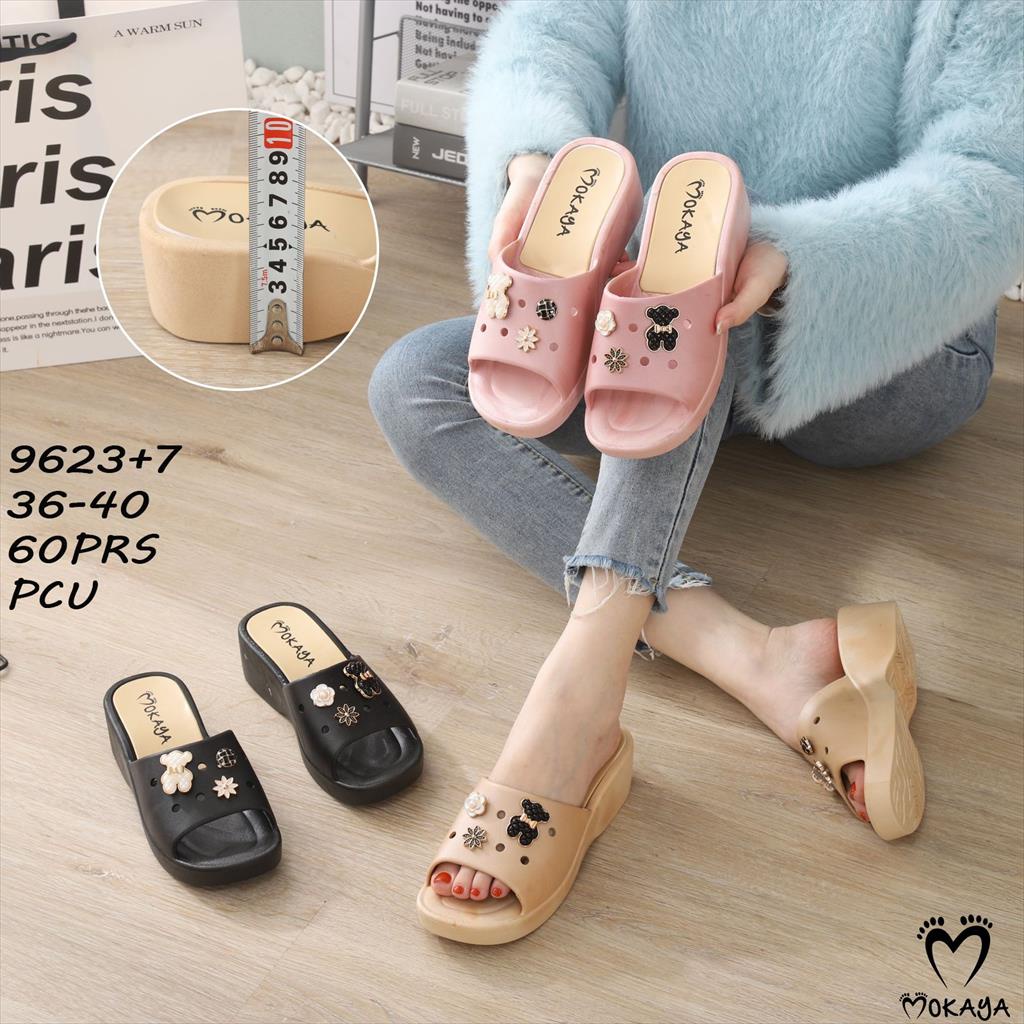 Sandal Slop Wedges Wanita Mainan Jibbitz Bear Pita Flower Platform Tebal Super Cantik Empuk Trendy Import Mokaya / Size 36-40 (9623+7)