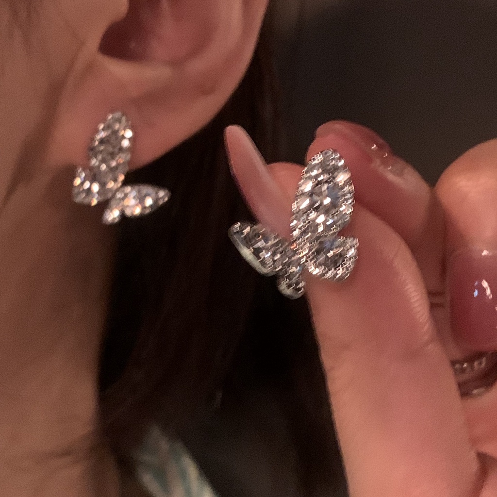 Anting Tusuk Silver Anting Kupu-Kupu Zircon Mewah Untuk Perhiasan Aksesoris Wanita