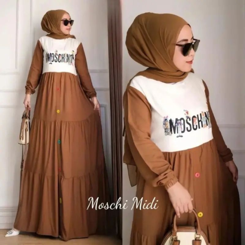 Baju Gamis CREPE Sablon Wanita MOSCHINO Dewasa Terbaru