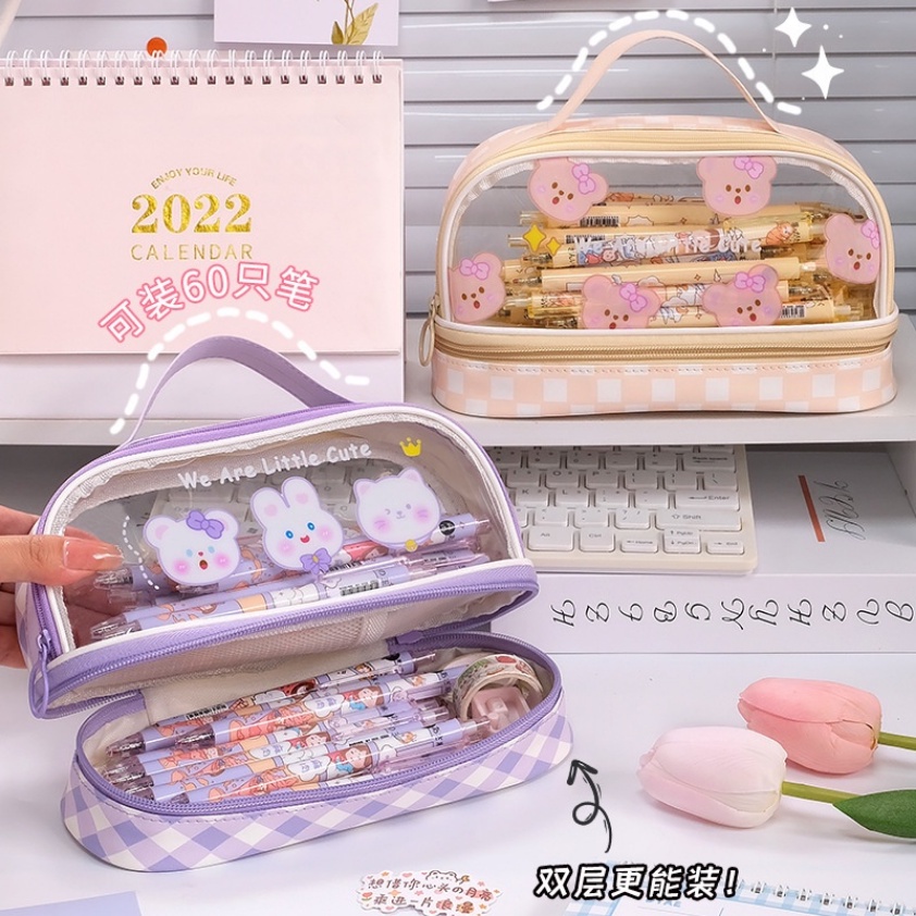 [Kapasitas] Ins PVC Pensil Case 2-Layer Siswa Anak Pulpen Tas Gadis Kawaii Sekolah Pen Case Tas Kosmetik Tas Multifungsi