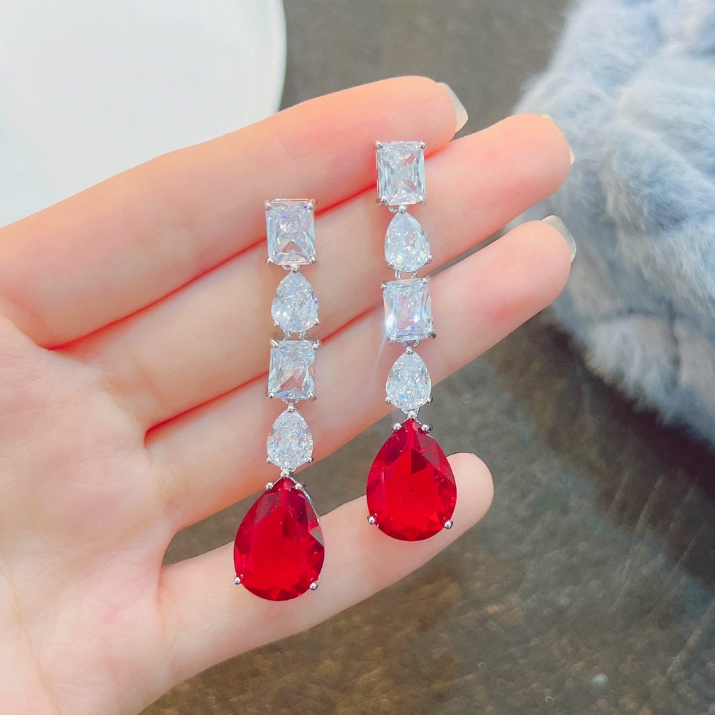 Goldkingdom Fashion Perhiasan Aksesoris Ready Stock INS Net Selebriti Fashion Vintage Warna Model Imitasi Argyle Pink Gemstone Emerald Anting Besar