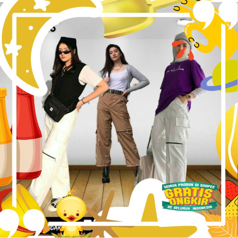 CELANA ZIPPER WANITA||CELANA CARGO WANITA KOREA/ZIPPER PANTS CARGO ~SIZE M-XXL/ hitam oren ungu tosc