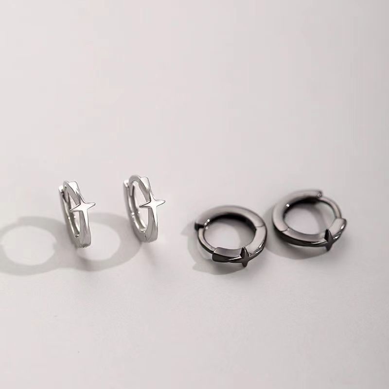 Papaozhu Bergaya S925 Perak Hitam Bintang Hoop Anting-Anting Untuk Wanita Pria Sederhana Berongga Lingkaran Cuff Earrings Temperamen Telinga Aksesoris Pakaian Sehari-Hari