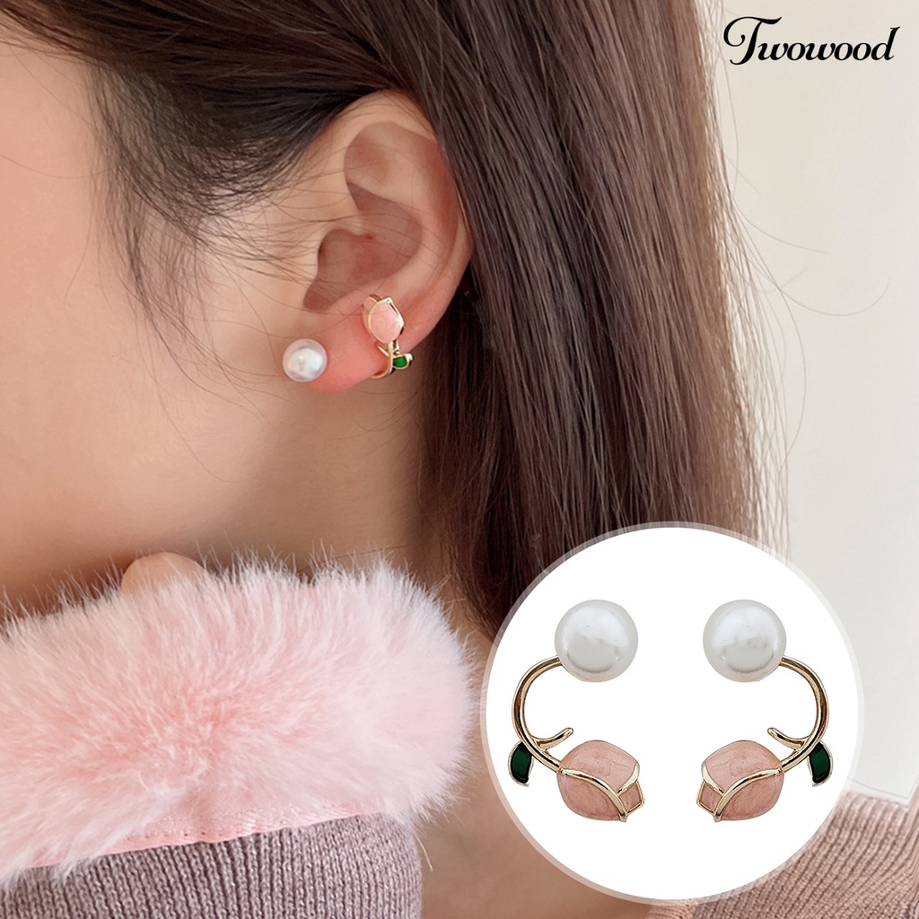 Twowood 2Pcs Ear Studs Elegan Electroplating Gaya Perancis Bunga Tulip Anting Mutiara Imitasi Silver Needle Stud Earrings