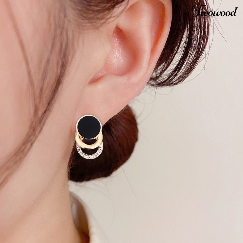 Twowood 1pasang Ear Studs Multi-layer 3cincin Bulat Lingkaran Hitam Hadiah Fashion Perhiasan Berlian Imitasi Berkilau Wanita Anting Untuk Harian