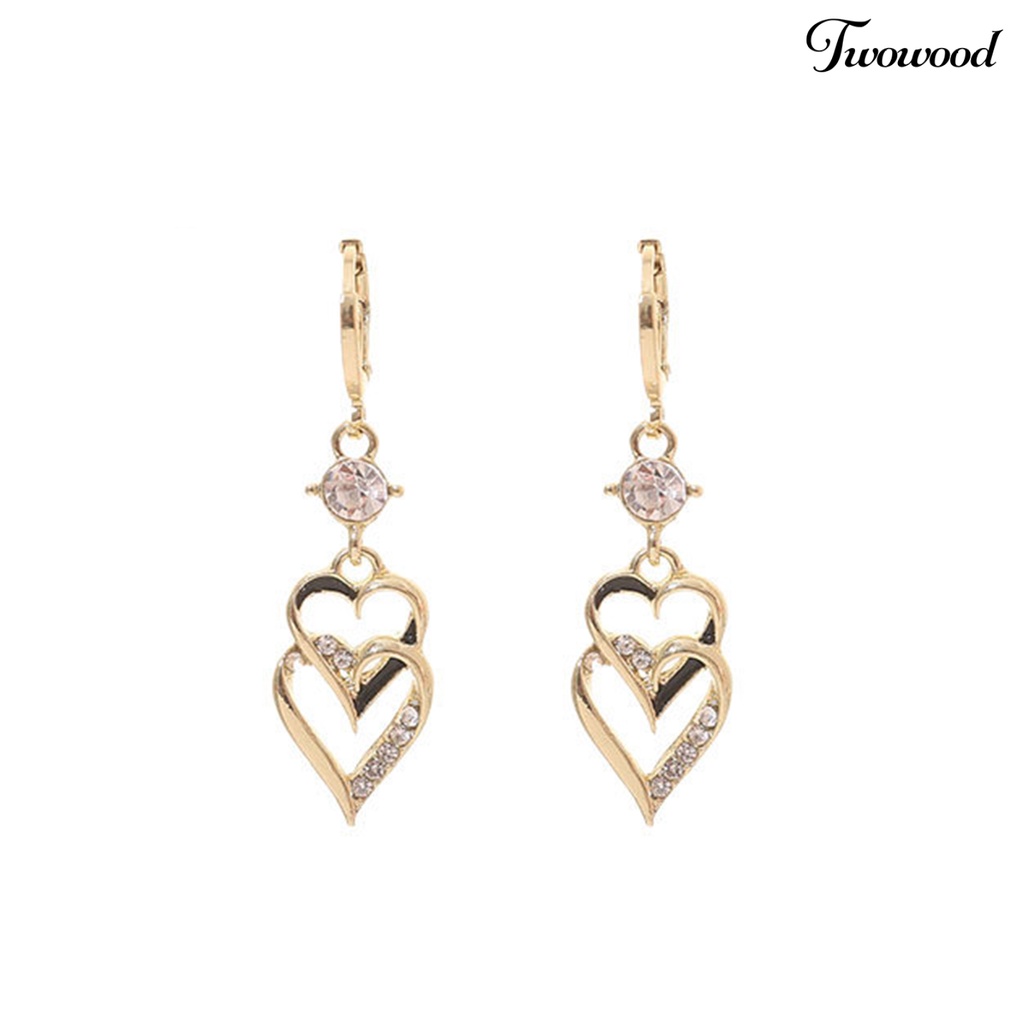 Twowood 1pasang Anting Menjuntai Retro Korea Gaya Double-layers Cinta Hati Berkilau Berlian Imitasi Drop Earrings Fashion Jewelry