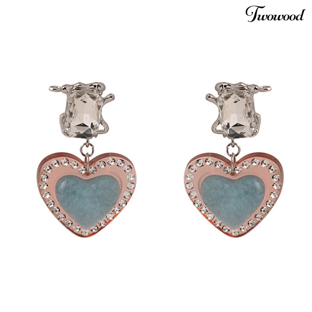 Twowood 1pasang Menjuntai Anting Vintage Romantis Bersinar Cubic Zirconia Hias Geometris Hadiah Wanita Hati Liontin Stud Earrings Pesona Perhiasan Untuk Pacaran