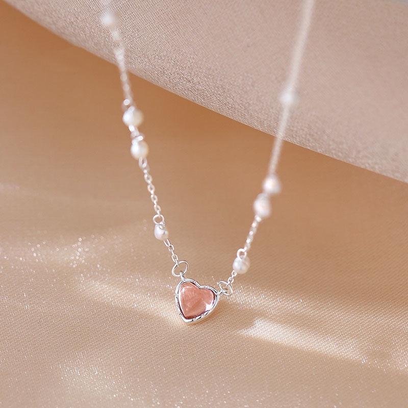 Sweet Pink Moonstone Heart Necklace Pearl Silver Liontin Rantai Choker Untuk Aksesoris Perhiasan Wanita