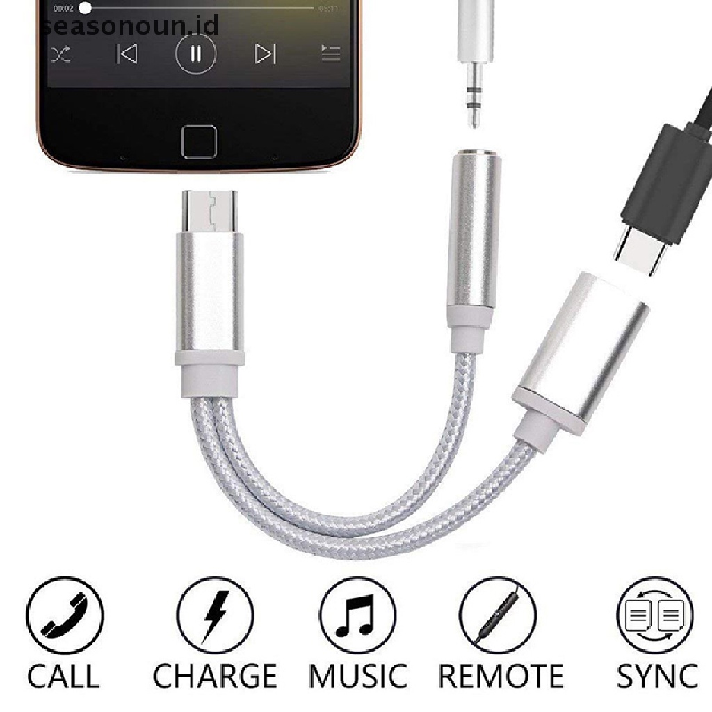 Seasonoun Adaptor Kabel Cas Jack Audio Headphone 2in1 Type-C Ke 3.5mm USB-C Converter Earphone Adapter Untuk Ponsel.
