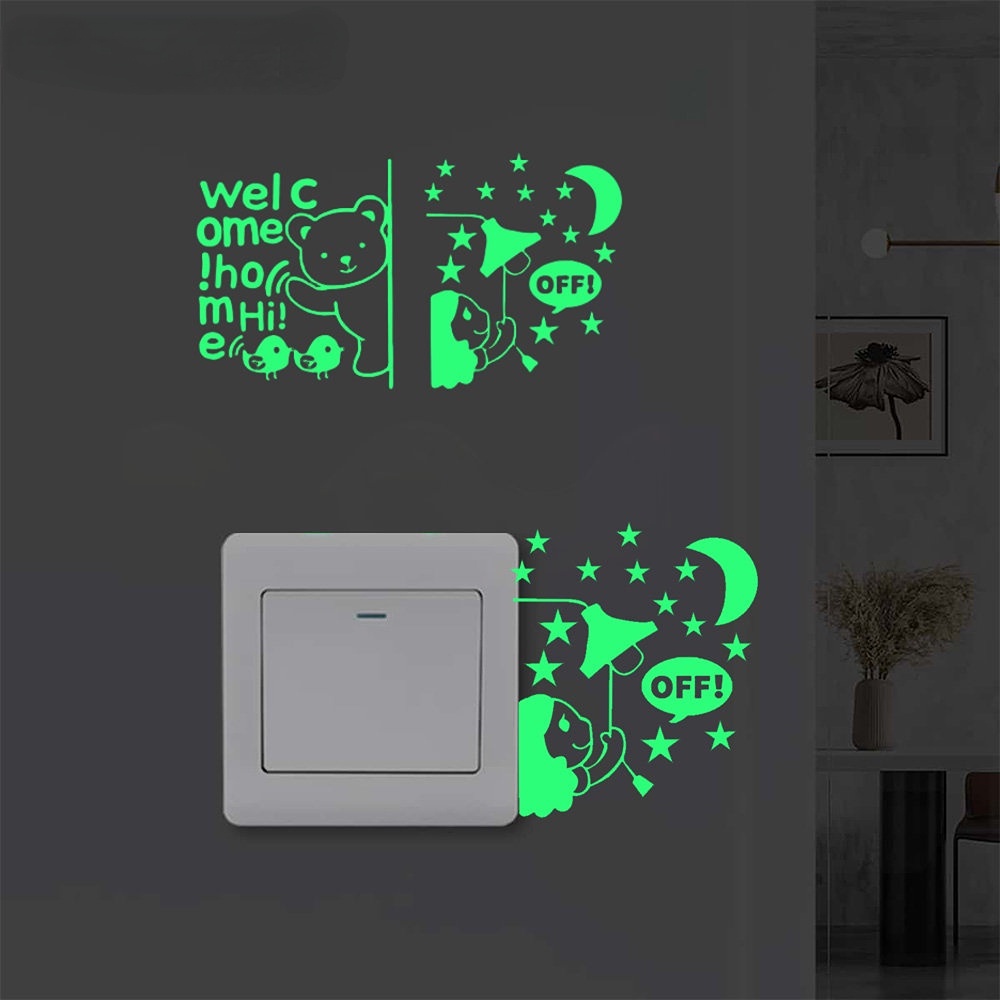 Diy Rumah Kamar Anak Kamar Tidur Wallpaper Kartun Beruang Gadis Kecil Bercahaya Stiker Dinding Mudah Menghapus PVC Glow In The Dark Perekat Diri Neon Stiker Saklar Indikator Bar