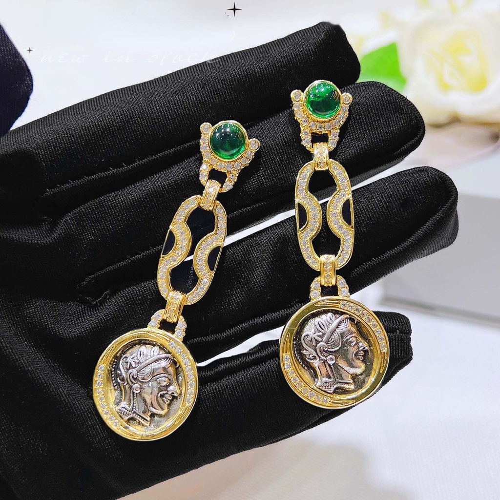 Goldkingdom Fashion Perhiasan Aksesoris Ready Stock Retro Anting Cahaya Mewah Dan Senior Rasa Gelas Potret Koin Kuno Stud Relief Tiga Dimensi Athena Anting Perempuan