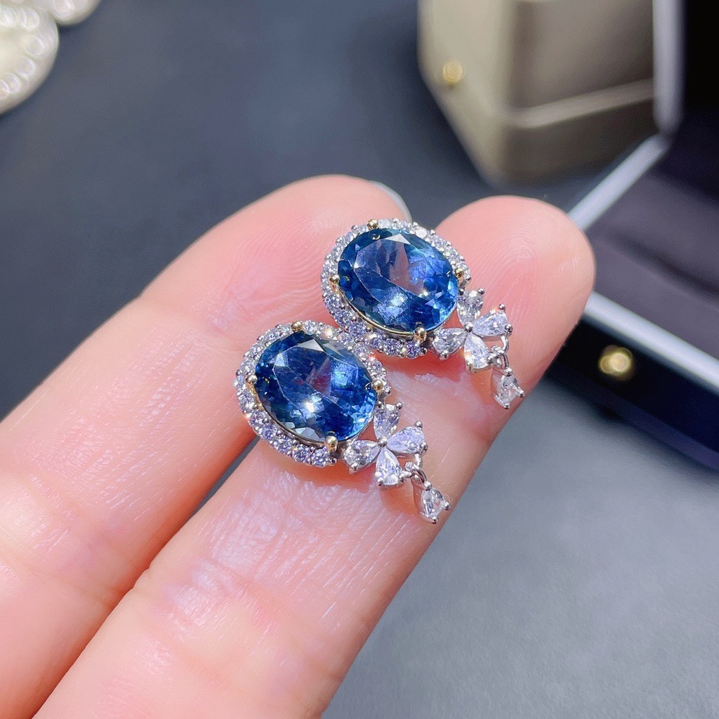 Goldkingdom Fashion Perhiasan Aksesoris Ready Stock Alami London Biru Topa Batu Anting Perempuan Eropa Amerika Cahaya Mewah Super Flash Laut Biru Harta Anting