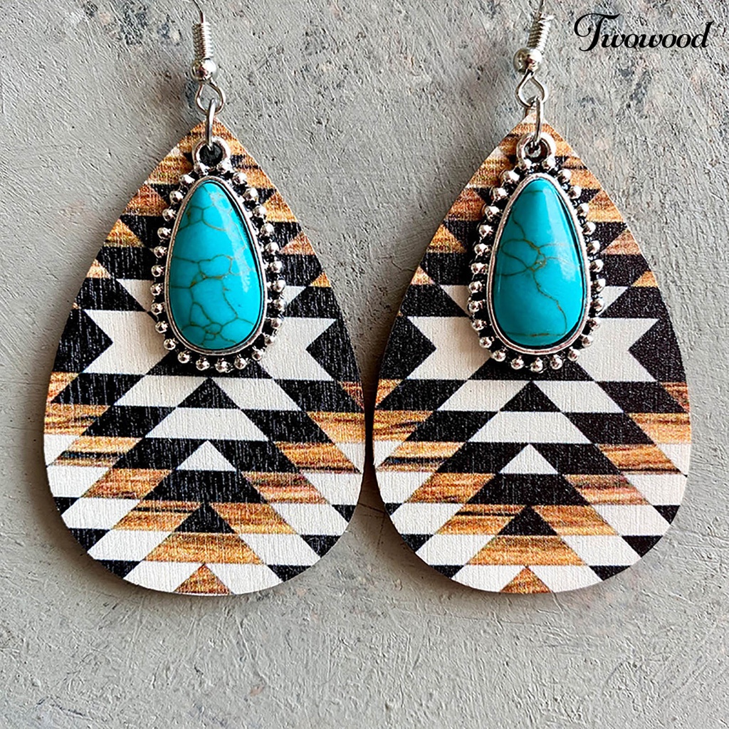 Twowood 1pasang Menjuntai Anting Bohemian Retro Gaya Etnik Imitasi Turquoise Pola Aztec Berdandan Hadiah Wanita Tetesan Air Liontin Anting Boho Perhiasan