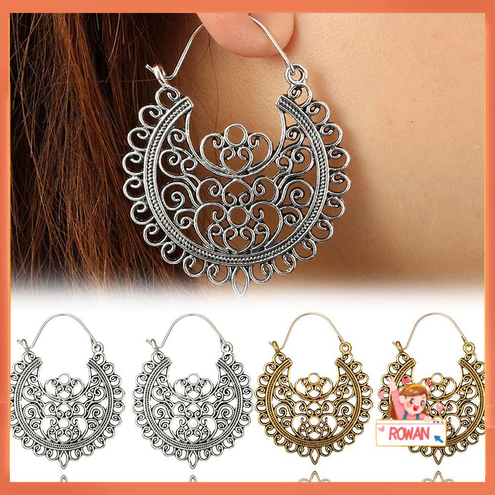 R-flower Hoop Earring Vintage Flower Pendant Jipsi Tribal Ear Studs