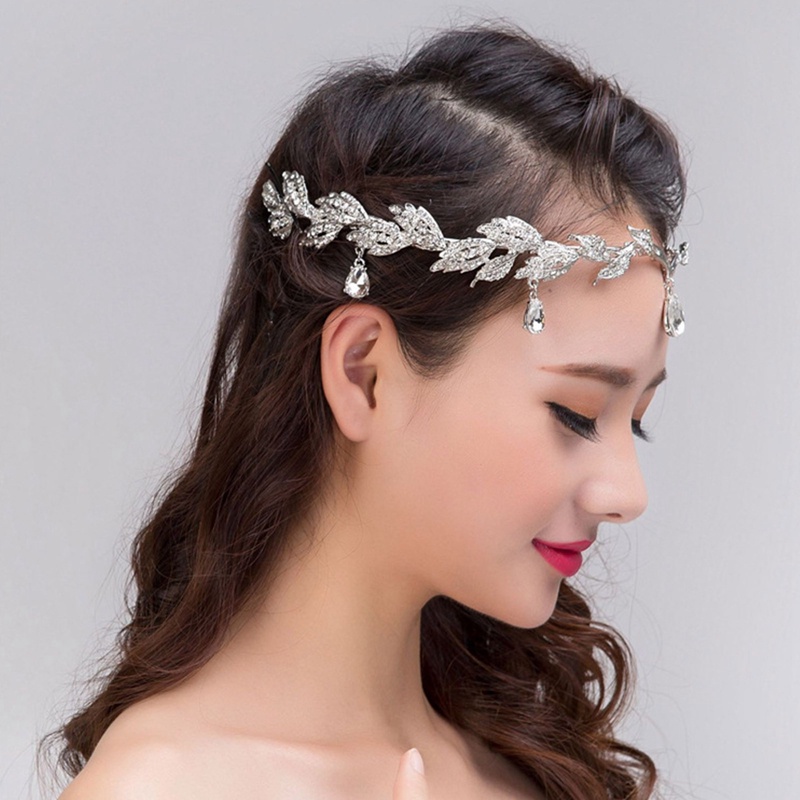 Elegan Berlian Imitasi Daun Pernikahan Bridal Bridesmaid Dahi Band Menjuntai Berlian Imitasi Bridal Tiara Crown