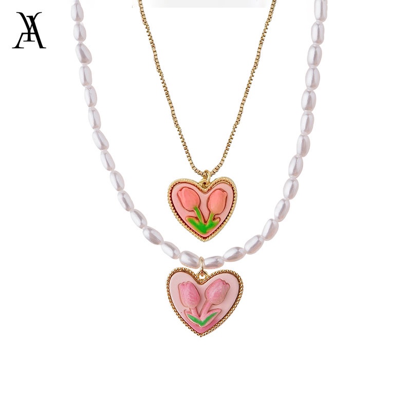 AY(CN) Kalung Rantai Choker Liontin Hati Tulip Pink Hias Mutiara Untuk Wanita