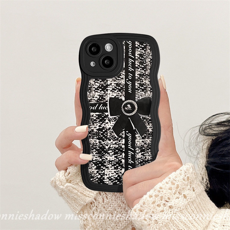 Case Untuk Redmi Note10 10s 11 11s 8 9 11Pro 9s 10Pro Max Mi 11T Pro Redmi A1 10 9A 10C 9T 9 A1+10A 9C NFC POCO M3 X3 NFC Pro Mewah Retro Bow-Knot Lembut Bergelombang Tepi Sarung Hitam Belakang