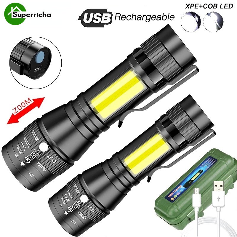 Hot Sale/3Mode Tahan Air Emergency Torch Kecil Portabel Jarak Jauh Torch Dengan Klip Mini USB Rechargeable Senter LED Tahan Lama Berkemah Luar Ruangan COB Zoom Cahaya