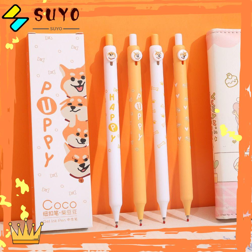 Suyo 4PCS/Set Pena Gel Kartun Mutil-styles Dengan Klip Alat Tulisan Tinta Hitam Tekan Type Signature Pen