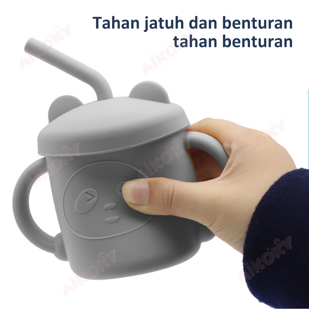 Aikoky Gelas Minum Bayi Silicon / Gelas Silikon Bayi Dan Sedotan / Bpa Free Training Cup Baby