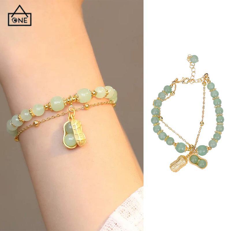 COD❤️Gelang Rantai Emas Hijau Liontin Kacang Gaya Cina Retro Untuk Wanita-A.one