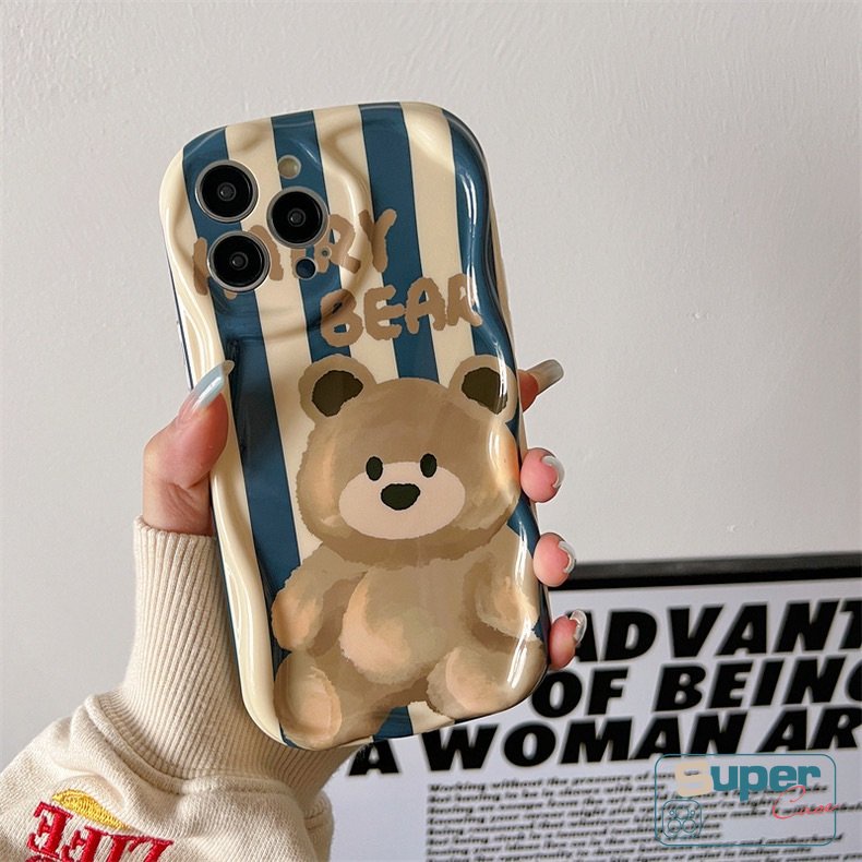 Case Glossy Garis Beruang Kartun Lucu Kompatibel Untuk iPhone 7Plus 11 Pro Max XR X 6s 7 6 8 Plus 13 14 12 Pro Max XS Max SE 2020 3D Wavy Curved Edge Soft Tpu Shockproof Cover